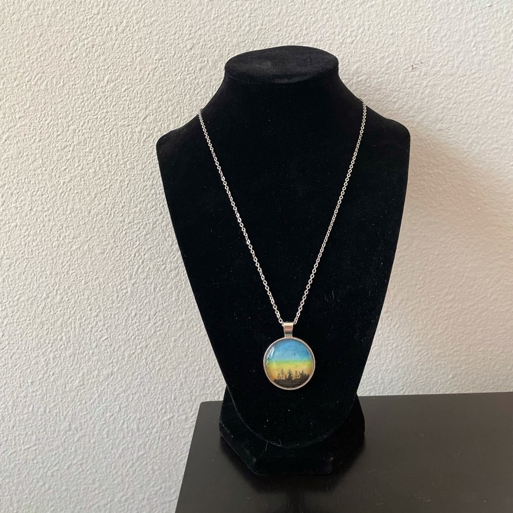 Colorful Sunrise and Tree Glass Dome Necklace